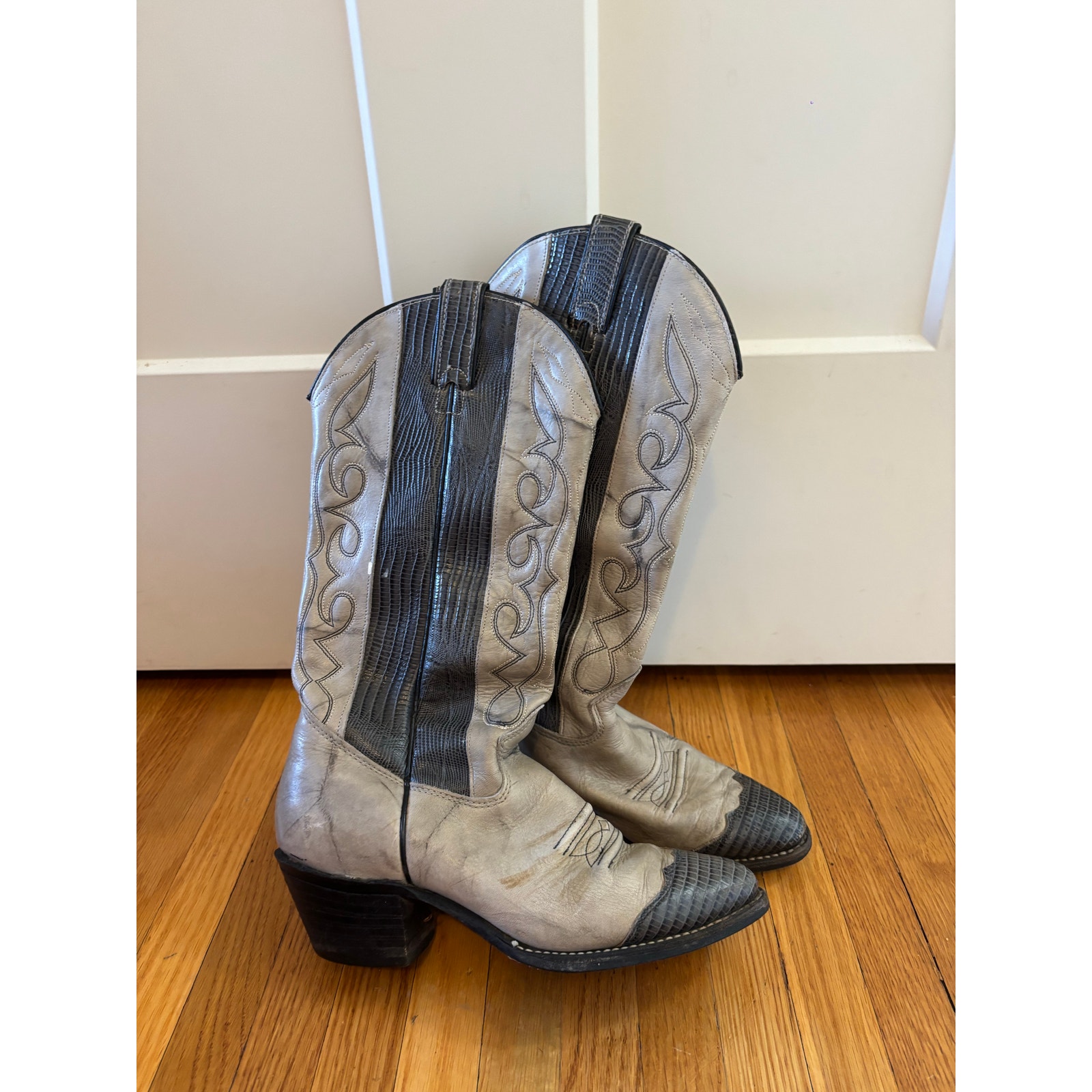 Vtg Imperial Cowboy Boots Women's 6.5 Gray Marble Musket Leather Black Lizard
